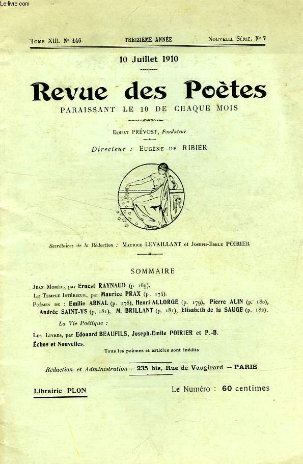 REVUE DES POETES, TOME XIII, 13e ANNEE, N 146, NOUVELLE SERIE, N 7, JUILLET 1910
