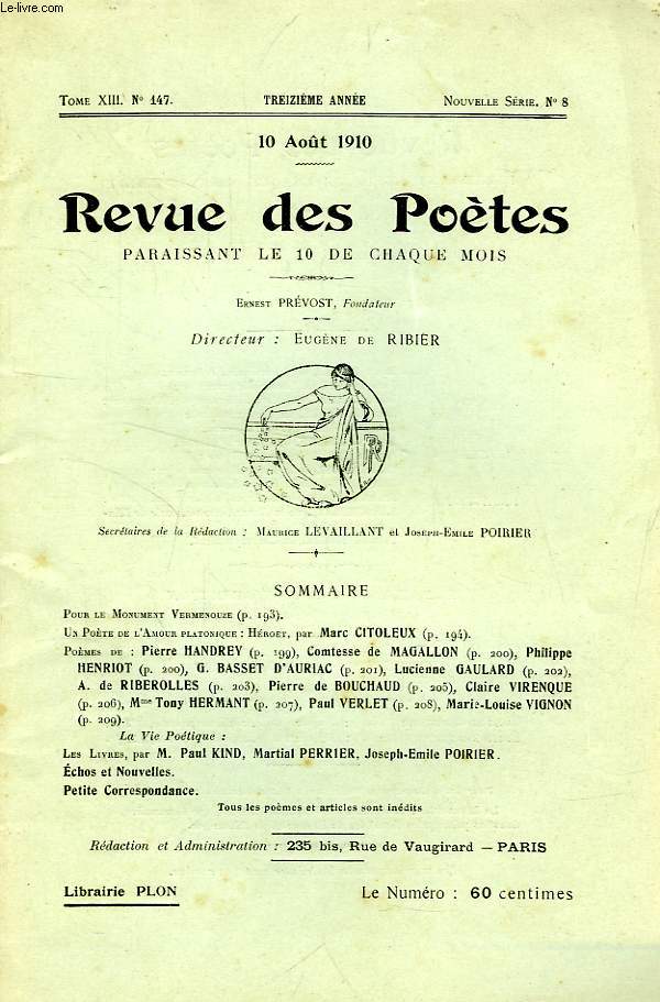 REVUE DES POETES, TOME XIII, 13e ANNEE, N 147, NOUVELLE SERIE, N 8, AOUT 1910
