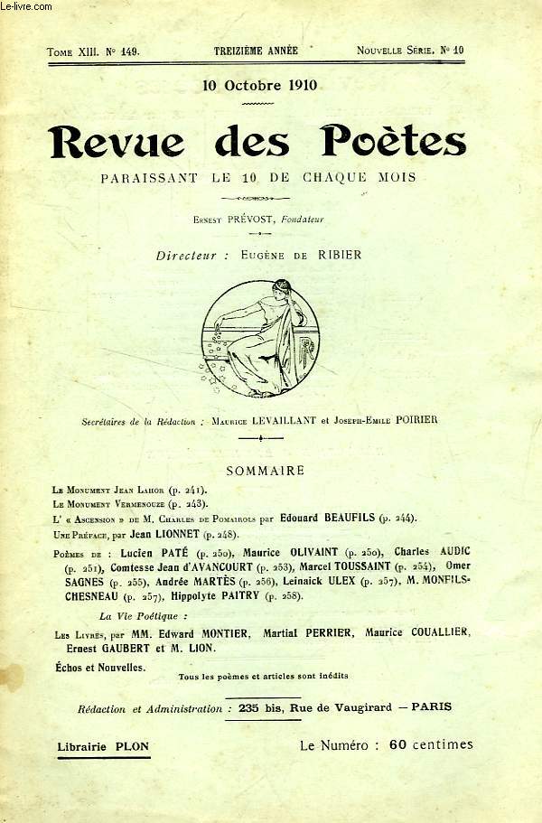 REVUE DES POETES, TOME XIII, 13e ANNEE, N 149, NOUVELLE SERIE, N 10, OCT. 1910