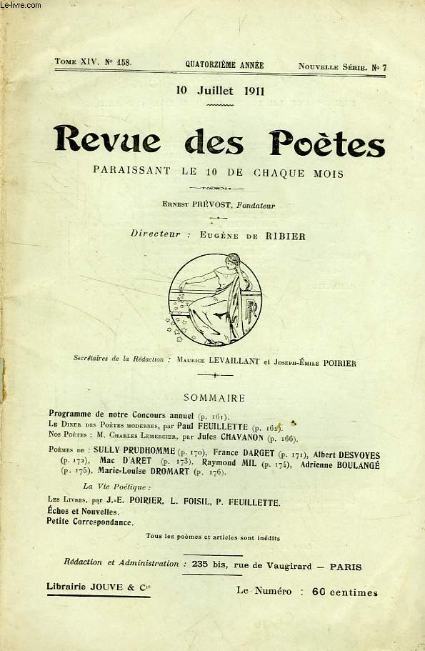 REVUE DES POETES, TOME XIV, 14e ANNEE, N 158, NOUVELLE SERIE, N 7, JUILLET 1911
