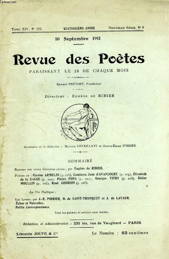 REVUE DES POETES, TOME XIV, 14e ANNEE, N 160, NOUVELLE SERIE, N 9, SEPT. 1911