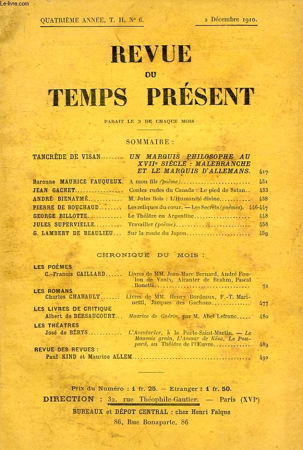 REVUE DU TEMPS PRESENT, 4e ANNEE, T. II, N 6, DEC. 1910