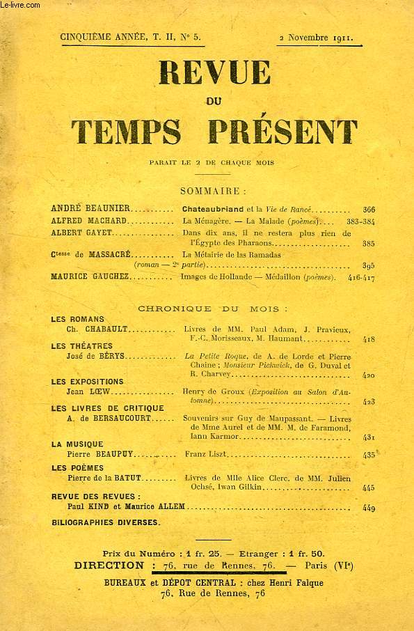 REVUE DU TEMPS PRESENT, 5e ANNEE, T. II, N 5, NOV. 1911