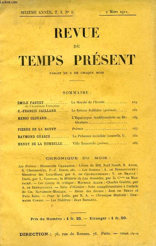REVUE DU TEMPS PRESENT, 6e ANNEE, T. I, N 3, MARS 1912