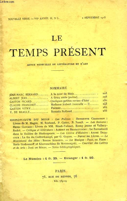 REVUE DU TEMPS PRESENT, NOUVELLE SERIE, 6e ANNEE, T. II, N 3, SEPT. 1913