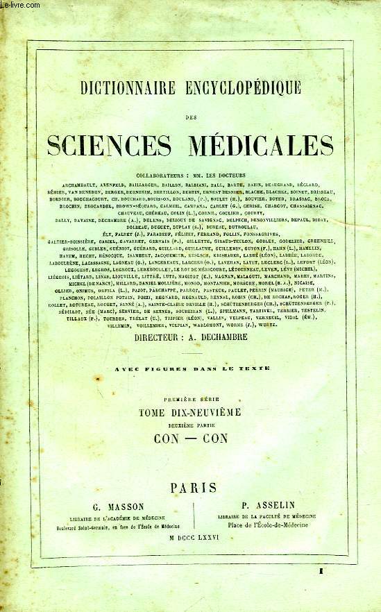 DICTIONNAIRE ENCYCLOPEDIQUE DES SCIENCES MEDICALES, TOME XIX, 2e PARTIE, CON-CON