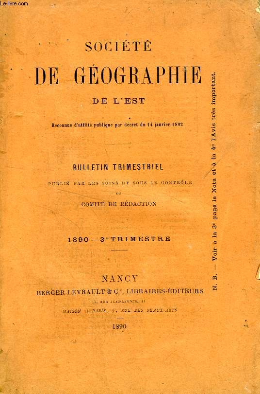 BULLETIN DE LA SOCIETE DE GEOGRAPHIE DE L'EST, 1890, 3e TRIMESTRE