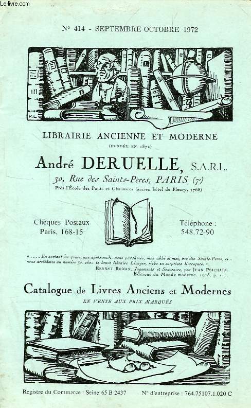 LIBRAIRIE ANCIENNE ET MODERNE ANDRE DELRUELLE, N 414, SEPT.-OCT. 1972 (CATALOGUE)