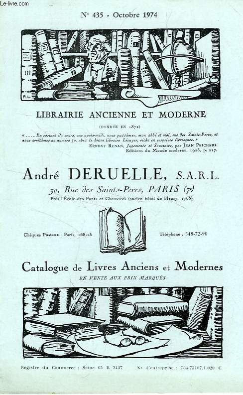 LIBRAIRIE ANCIENNE ET MODERNE ANDRE DELRUELLE, N 435, OCT. 1974 (CATALOGUE)