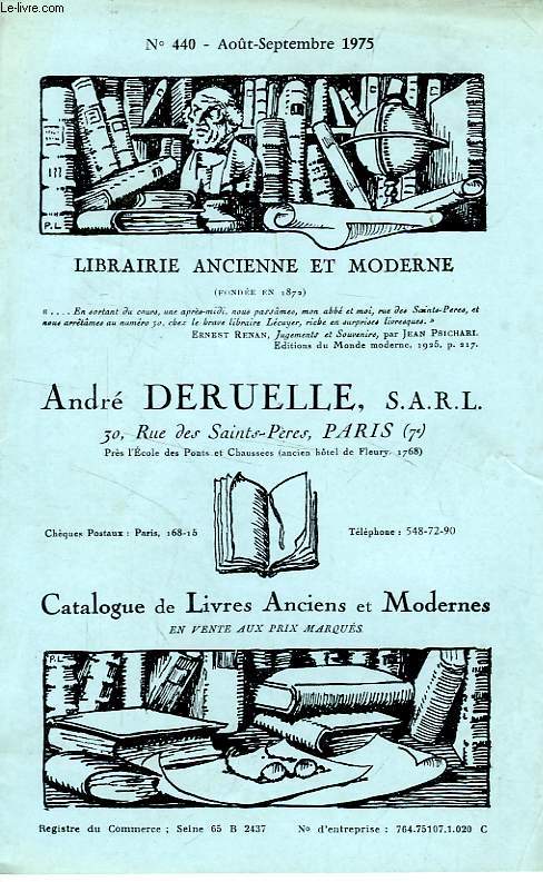 LIBRAIRIE ANCIENNE ET MODERNE ANDRE DELRUELLE, N 440, AOUT-SEPT. 1975 (CATALOGUE)