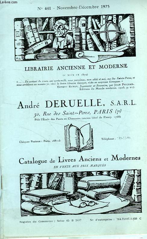 LIBRAIRIE ANCIENNE ET MODERNE ANDRE DELRUELLE, N 441, NOV.-DEC. 1975 (CATALOGUE)