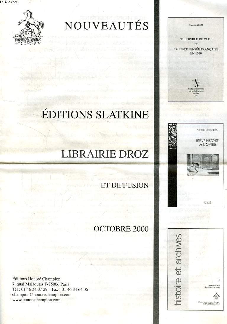 NOUVEAUTES, EDITIONS SLATKINE, LIBRAIRIE DROZ ET DIFFUSION, OCT. 2000