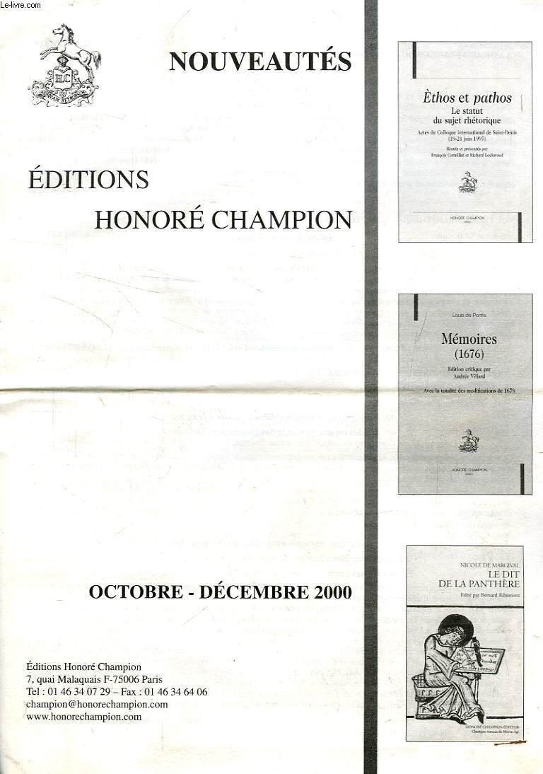 NOUVEAUTES, EDITIONS CHAMPION, OCT.-DEC. 2000
