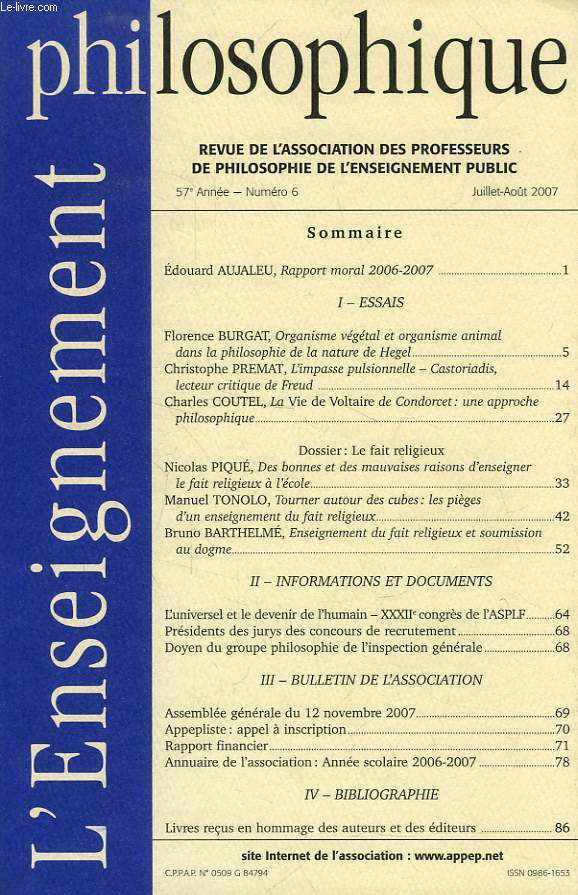 L'ENSEIGNEMENT PHILOSOPHIQUE, 57e ANNEE, N 6, JUILLET-AOUT 2007