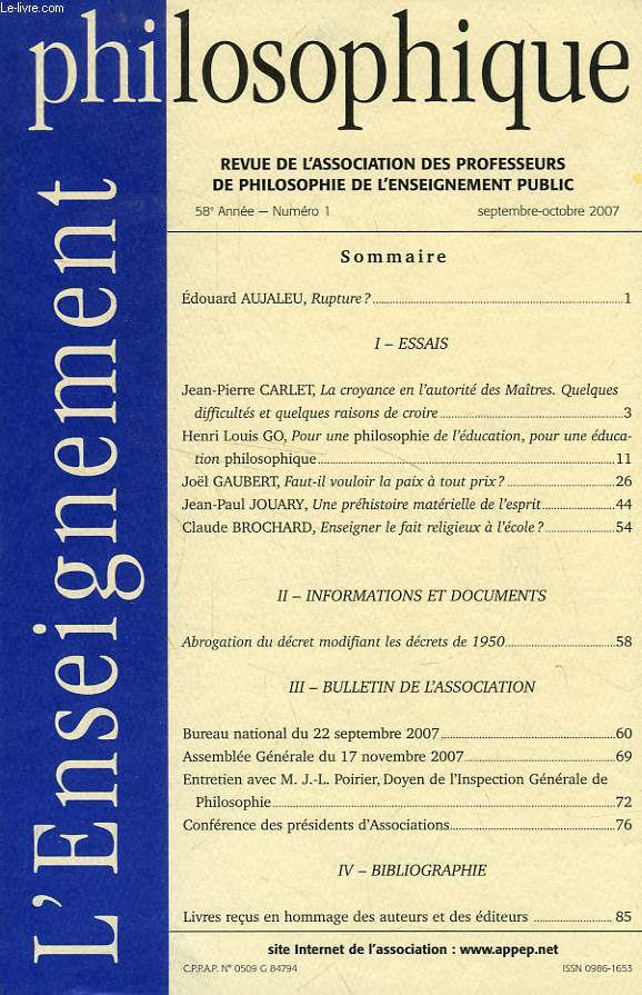 L'ENSEIGNEMENT PHILOSOPHIQUE, 58e ANNEE, N 1, SEPT.-OCT. 2007
