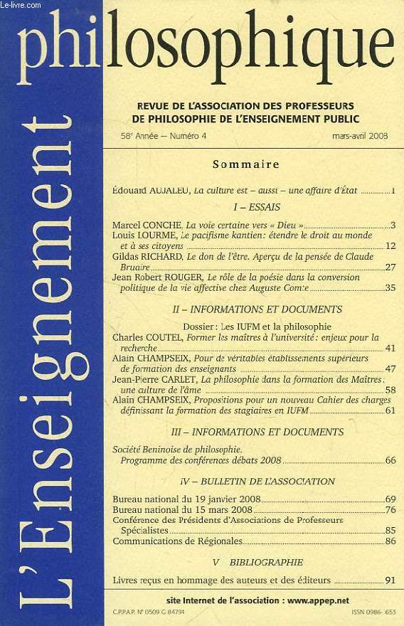L'ENSEIGNEMENT PHILOSOPHIQUE, 58e ANNEE, N 4, MARS-AVRIL 2008