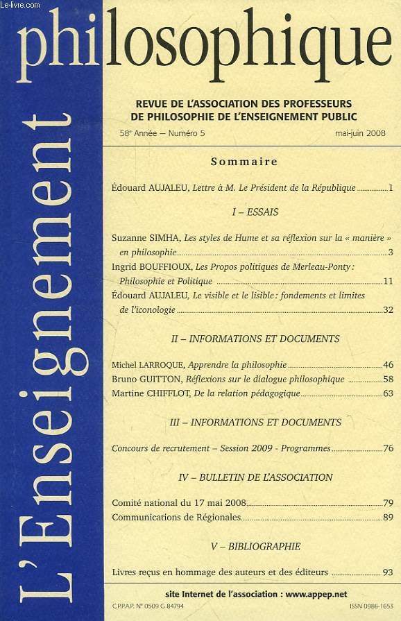 L'ENSEIGNEMENT PHILOSOPHIQUE, 58e ANNEE, N 5, MAI-JUIN 2008