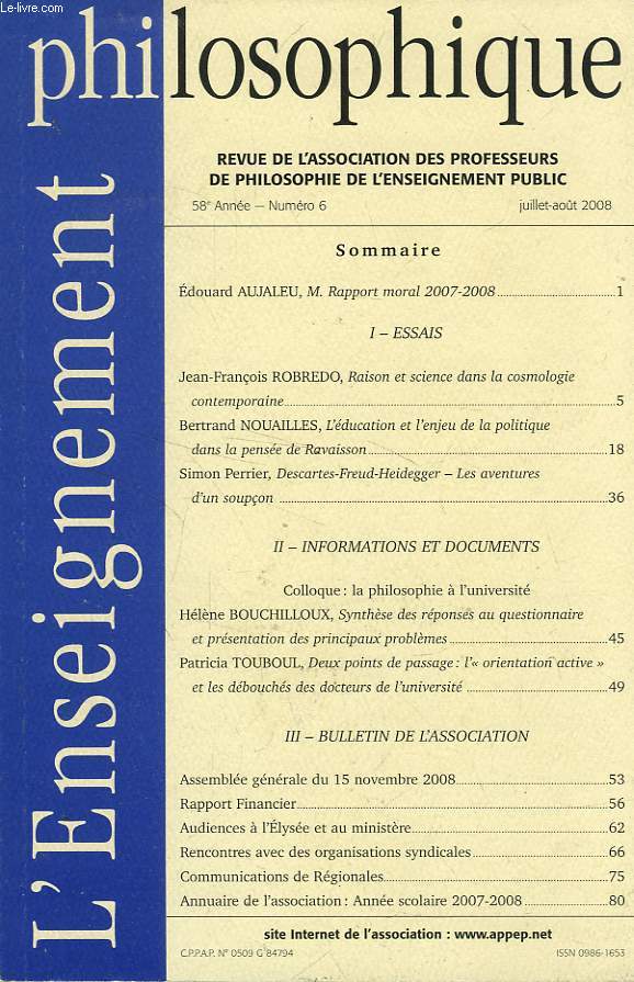 L'ENSEIGNEMENT PHILOSOPHIQUE, 58e ANNEE, N 6, JUILLET-AOUT 2008