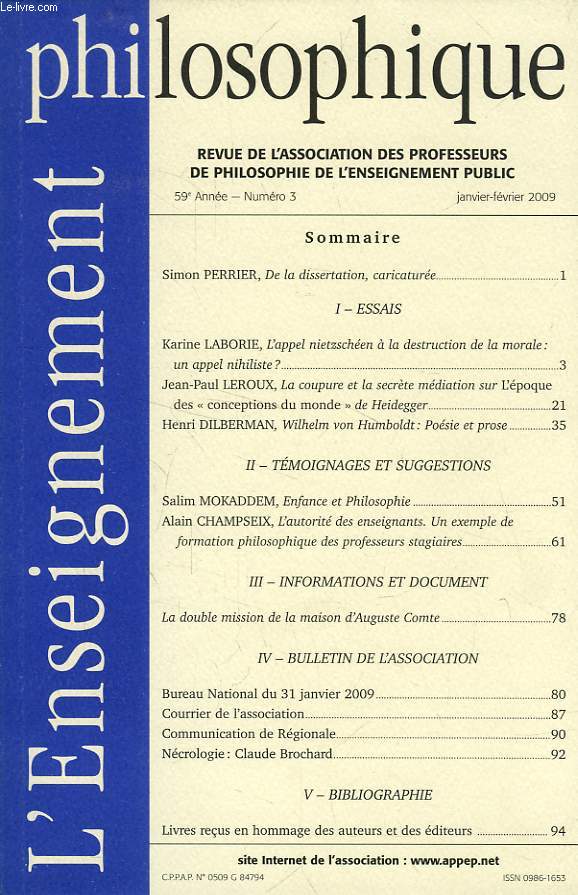 L'ENSEIGNEMENT PHILOSOPHIQUE, 59e ANNEE, N 3, JAN.-FEV. 2009
