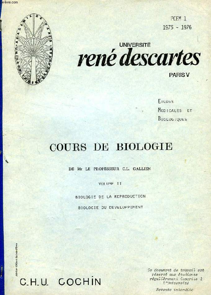 COURS DE BIOLOGIE, VOL. II, BIOLOGIE DE LA REPRODUCTION, BIOLOGIE DU DEVELOPPEMENT