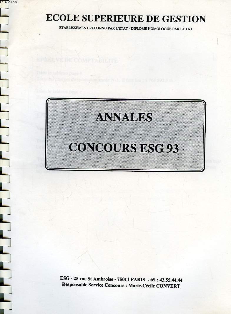 ECOLE SUPERIEURE DE GESTION, ANNALES CONCOURS ESG 93
