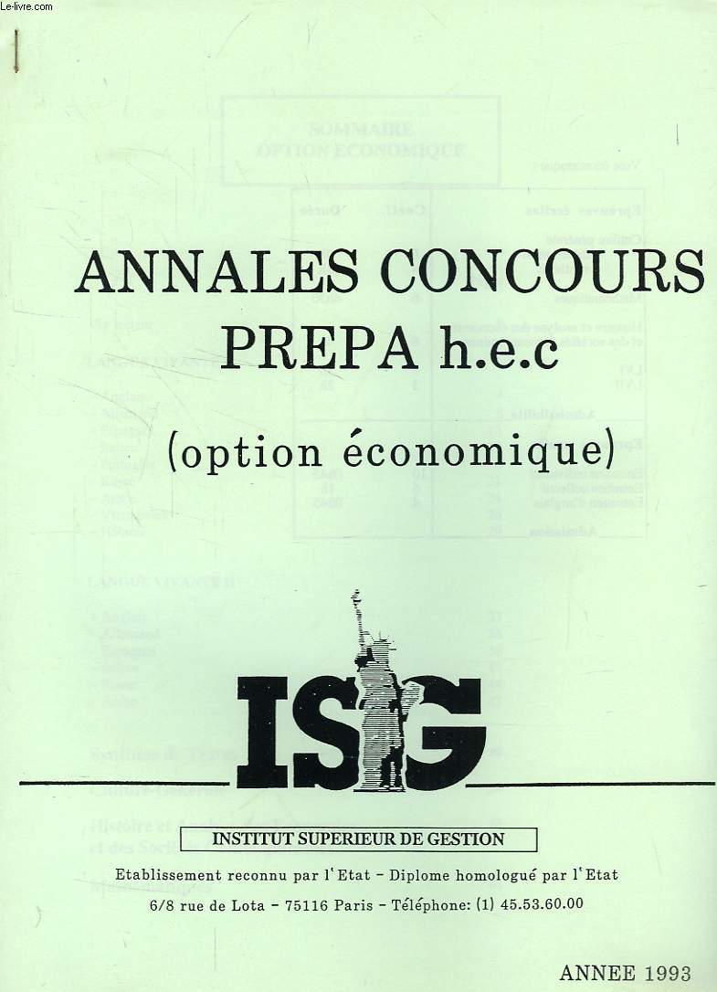 ANNALES CONCOURS PREPA HEC (OPTION ECONOMIQUE)