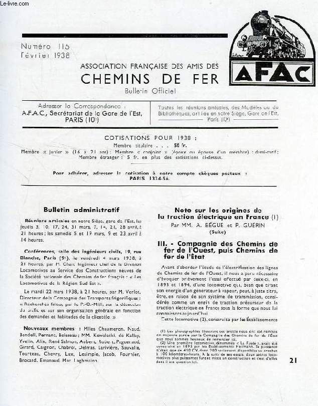 CHEMINS DE FER, N 115, FEV. 1938, REVUE DE L'ASSOCIATION FRANCAISE DES AMIS DES CHEMINS DE FER