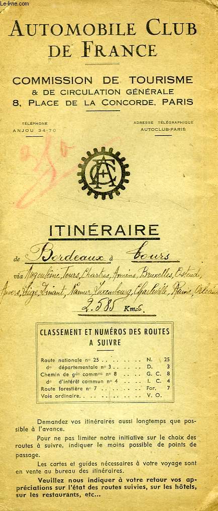 AUTOMOBILE CLUB DE FRANCE, ITINERAIRE DE BORDEAUX A TOURS