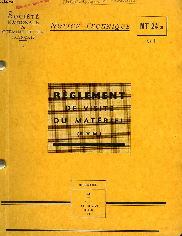 NOTICE TECHNIQUE, MT 24a, N 1, JAN. 1962, REGLEMENT DE VISITE DU MATERIEL (R.V.M.)