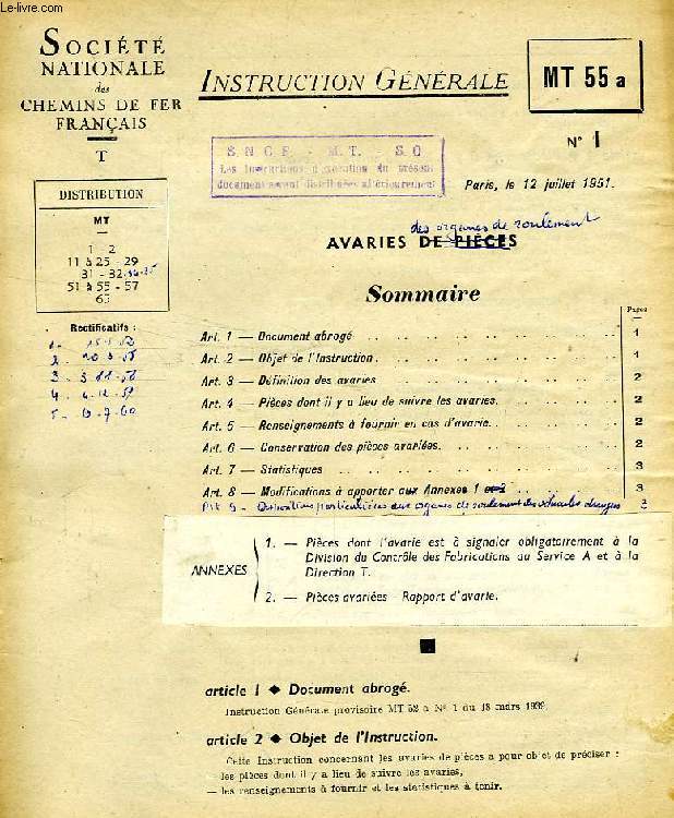 INSTRUCTION GENERALE, MT 55a, N 1, JUILLET 1951, AVARIES DS ORGANES DE ROULEMENT