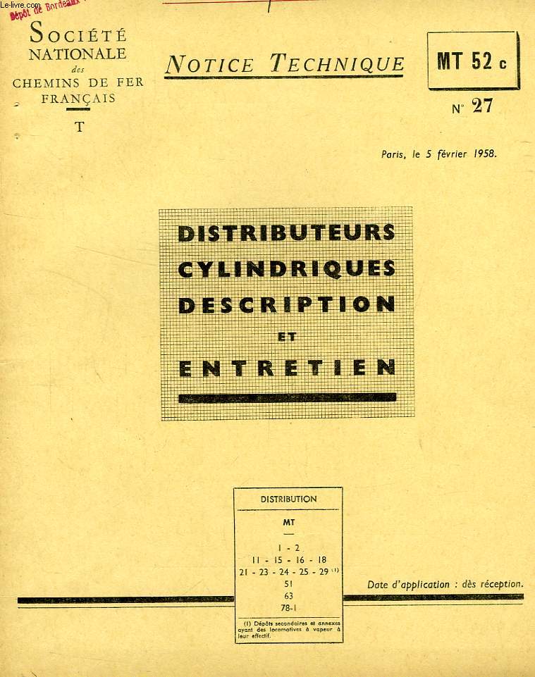 NOTICE TECHNIQUE, MT 52c, N 27, FEV. 1958, DISTRIBUTEURS CYLINDRIQUES, DESCRIPTION ET ENTRETIEN
