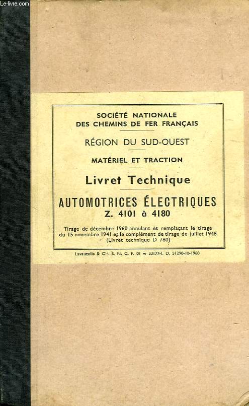 LIVRET TECHNIQUE, AUTOMOTRICES ELECTRIQUES Z 4101  4180