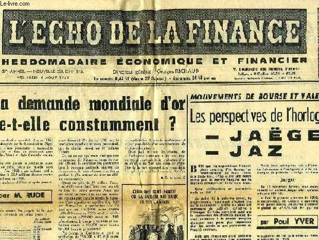 L'ECHO DE LA FINANCE, 27e ANNEE, NOUVELLE SERIE, N 813, AOUT 1961, HEBDOMADAIRE ECONOMIQUE ET FINANCIER