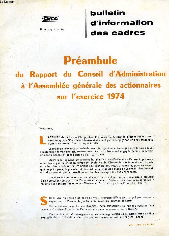 BULLETIN D'INFORMATION DES CADRES, N 76 (245), MAI-JUIN 1975