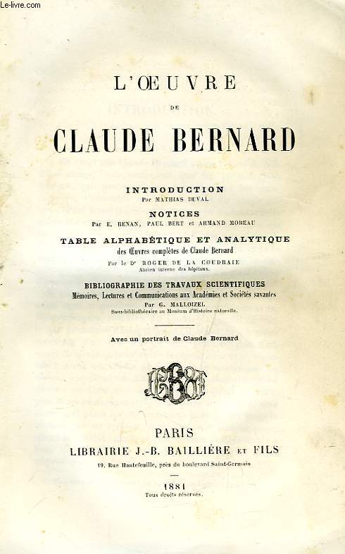 L'OEUVRE DE CLAUDE BERNARD (INCOMPLET)