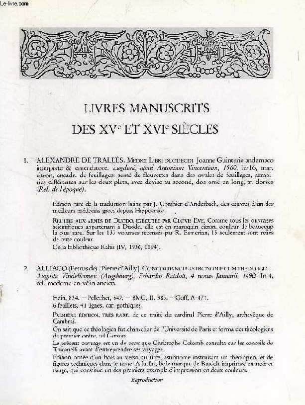 LIVRES MANUSCRITS DES XVe ET XVIe SIECLES (CATALOGUE)