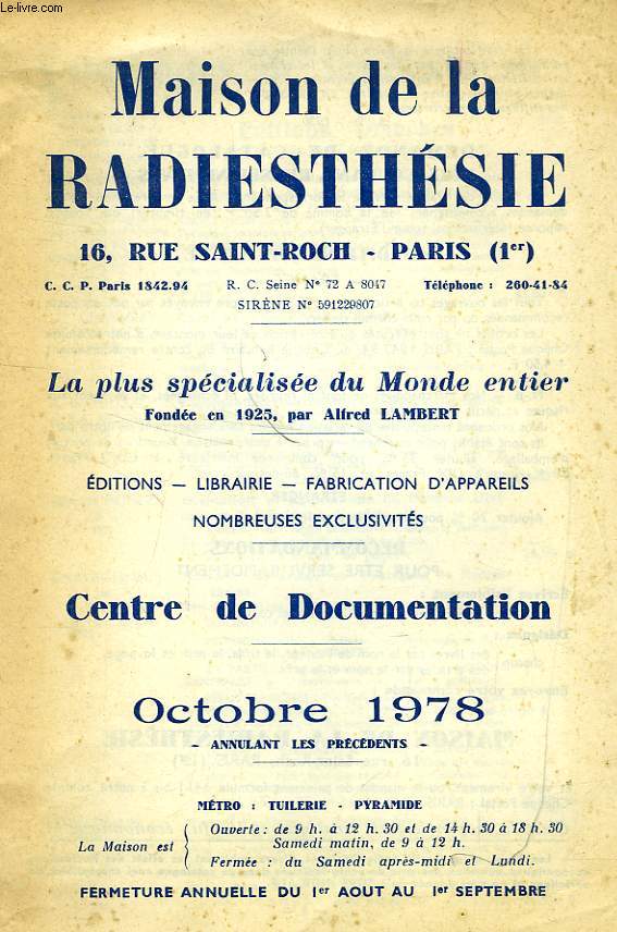 MAISON DE LA RADIESTHESIE, CENTRE DE DOCUMENTATION, OCTOBRE 1978 (CATALOGUE)