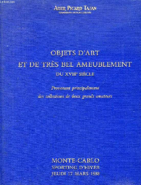 OBJETS D'ART ET DE TRES BEL AMEUBLEMENT DU XVIIIe SIECLE, COLLECTIONS DE 2 GRANDS AMATEURS (CATALOGUE)