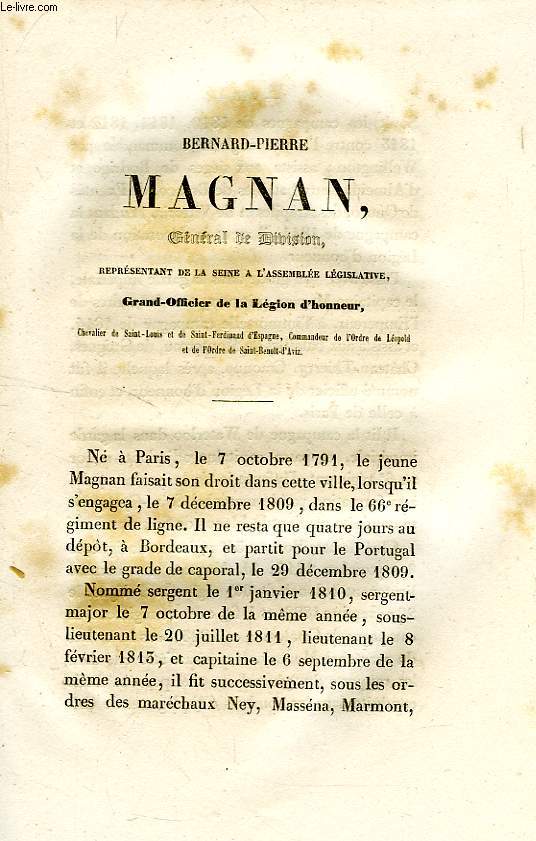 BERNARD - PIERE MAGNAN, GENERAL DE DIVISION, REPRESENTANT DE LA SEINE A L'ASSEMBLEE LEGISLATIVE, GRAND-OFFICIER DE LA LEGION D'HONNEUR