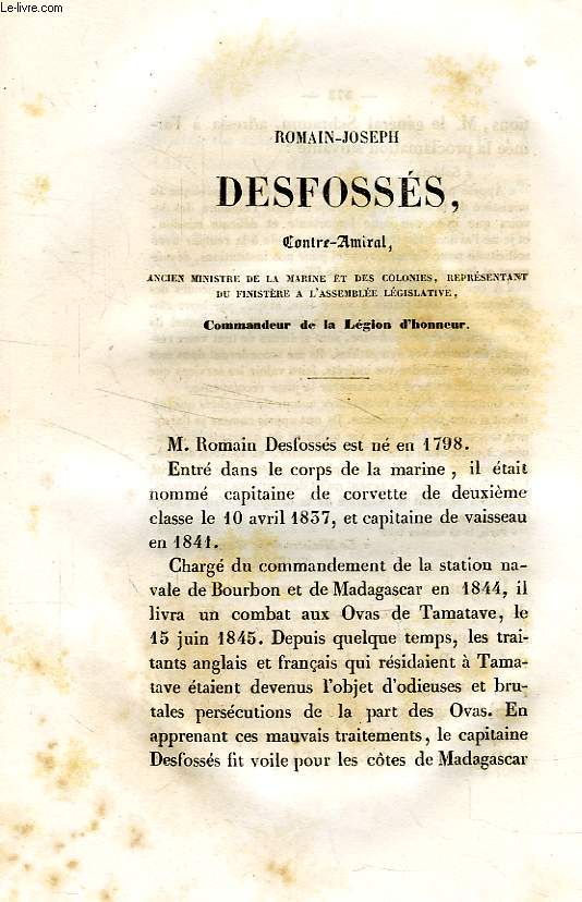 ROMAIN - JOSEPH DESFOSSES, CONTRE-AMIRAL, ANCIEN MINISTRE DE LA MARINE ET DES COLONIES, REPRESENTANT DU FINISTERRE A L'ASSEMBLE LEGISLATIVE, COMMANDEUR DE LA LEGION D'HONNEUR