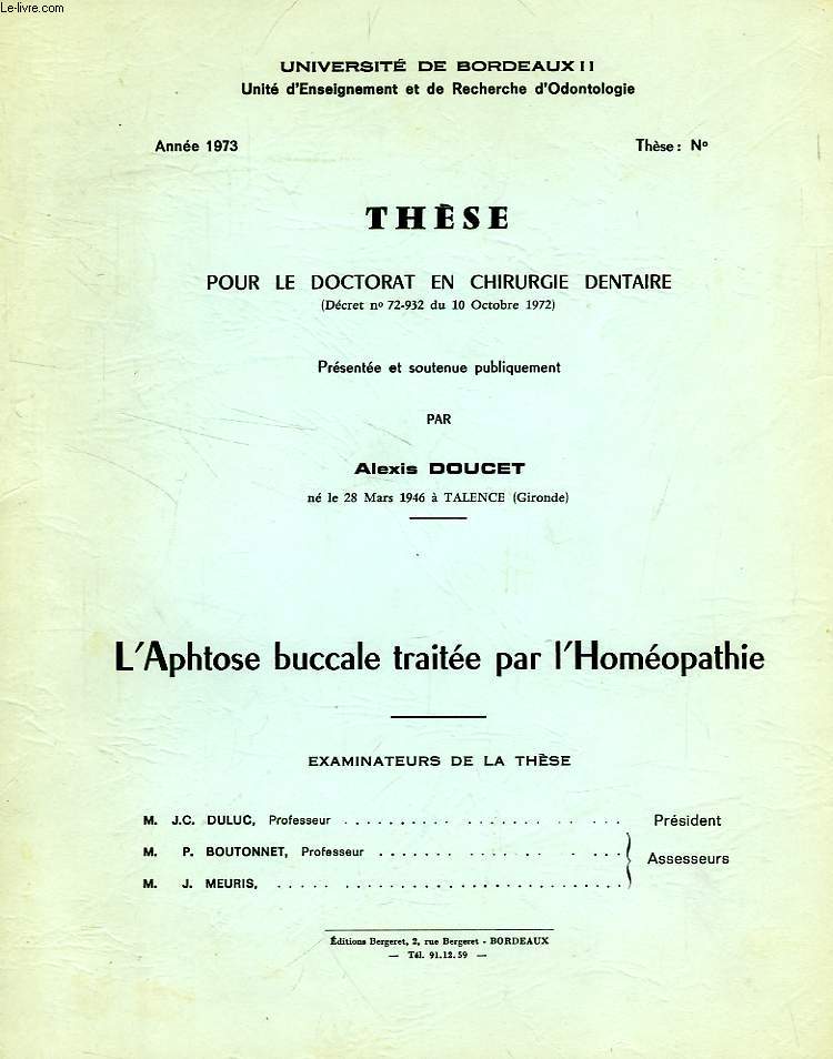 L'APHTOSE BUCALE TRAITEE PAR L'HOMEOPATHIE (THESE)
