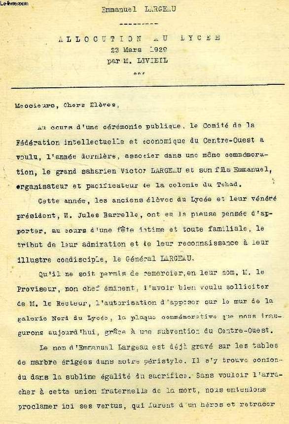 LARGEAU EMMANUEL, ALLOCUTION AU LYCEE, MARS 1929
