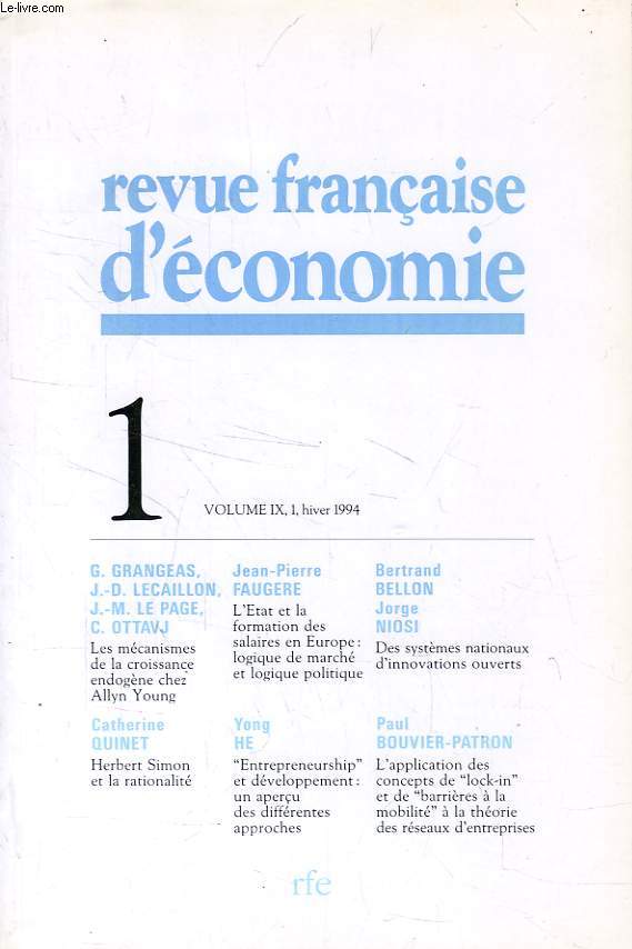 REVUE FRANCAISE D'ECONOMIE, VOL. IX, N 1, HIVER 1994
