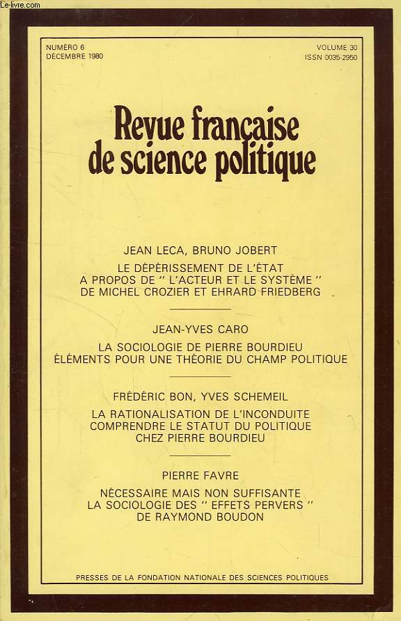 REVUE FRANCAISE DE SCIENCE POLITIQUE, VOL. 30, N 6, DEC. 1980