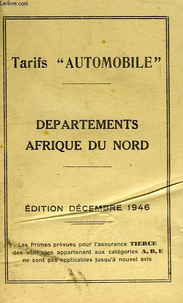 TARIFS 'AUTOMOBILE', DEPARTEMENTS AFRIQUE DU NORD