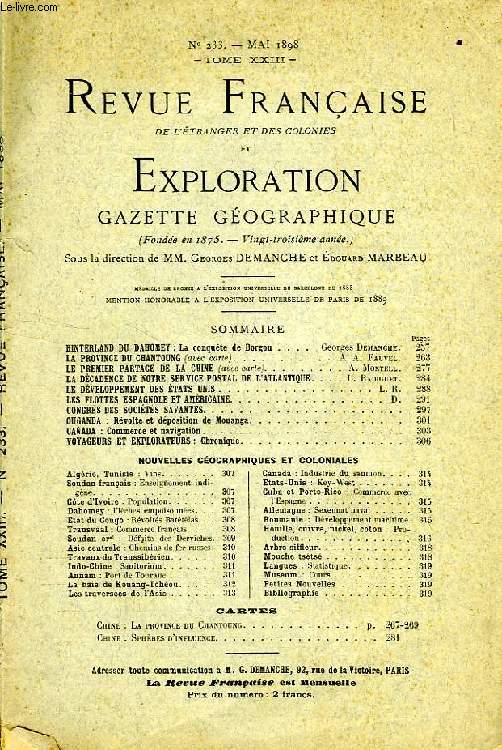 REVUE FRANCAISE DE L'ETRANGER ET DES COLONIES, ET EXPLORATION, GAZETTE GEOGRAPHIQUE, 23e ANNEE, N 233, MAI 1898, TOME XXIII