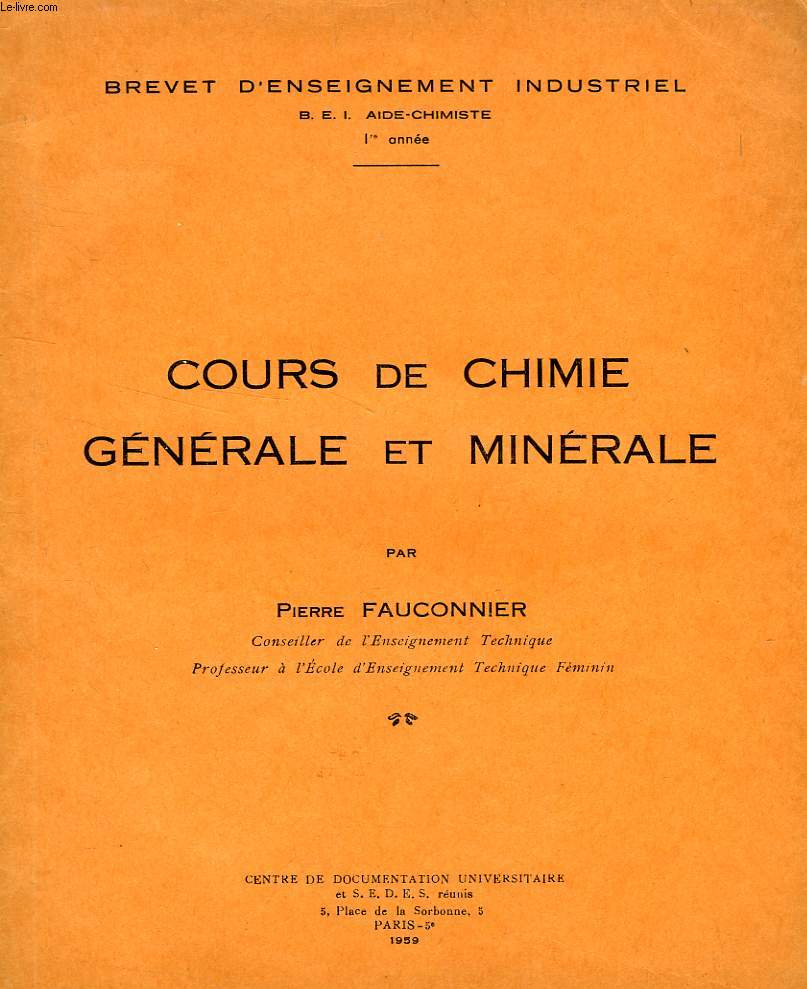 COURS DE CHIMIE GENERALE ET MINERALE