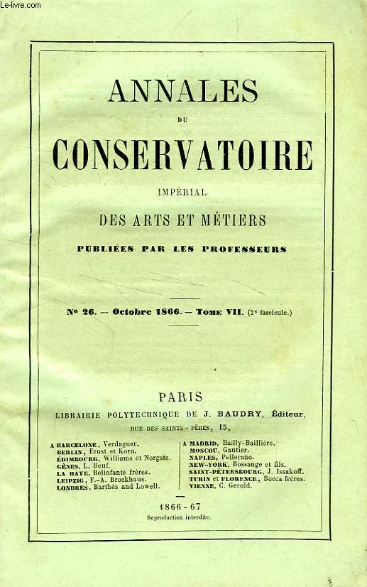 ANNALES DU CONSERVATOIRE IMPERIAL DES ARTS ET METIERS, TOME VII, N 26, OCT. 1866