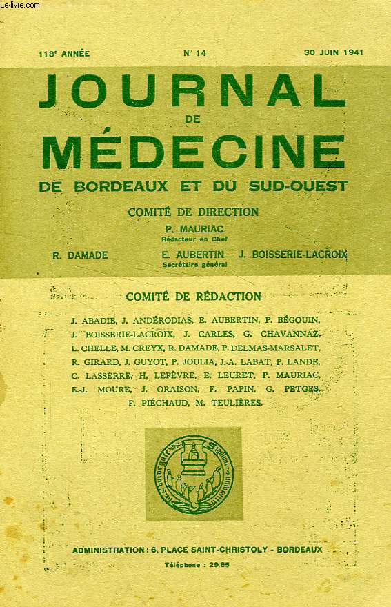 JOURNAL DE MEDECINE DE BORDEAUX ET DU SUD-OUEST, 18 NUMEROS, 1941-1966 (INCOMPLET)