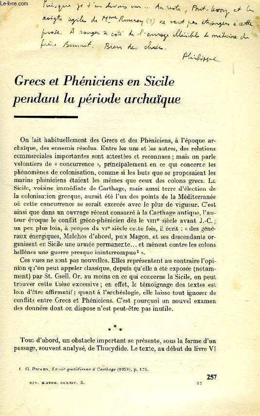 REVUE HISTORIQUE, EXTRAIT, GRECS ET PHENICIENS EN SICILE PENDANT LA PERIODE ARCHAIQUE